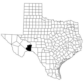 Map of Terrell County in Texas state on white background. single County map highlighted by black colour on Texas map. UNITED STATES, US