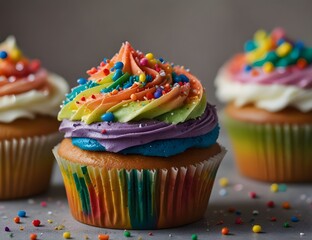 A close up image of a rainbow cupcake with sprinkles on top.
 - Powered by Adobe