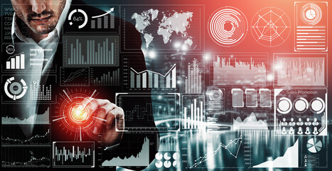 Big Data Technology for Business Finance Analytic Concept. Modern interface shows massive information of business sale report, profit chart and stock market trends analysis on screen monitor. uds