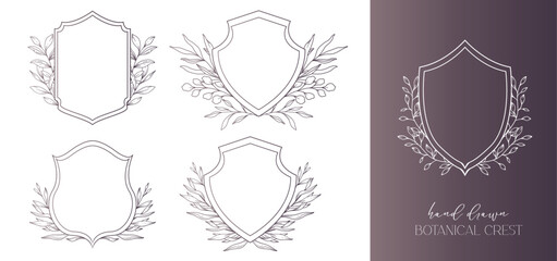 Wedding Crest floral Line Art Design. Botanical Crest Line Drawing. Greenery Line Art, Leaf and Branches Crest. Floral Frame line Art. Monogram Logo Crest