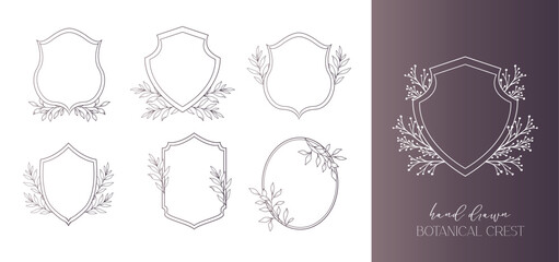 Wedding Crest floral Line Art Design. Botanical Crest Line Drawing. Greenery Line Art, Leaf and Branches Crest. Floral Frame line Art. Monogram Logo Crest