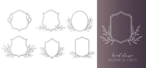 Wedding Crest floral Line Art Design. Botanical Crest Line Drawing. Greenery Line Art, Leaf and Branches Crest. Floral Frame line Art. Monogram Logo Crest