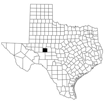 Map of irion County in Texas state on white background. single County map highlighted by black colour on Texas map. UNITED STATES, US