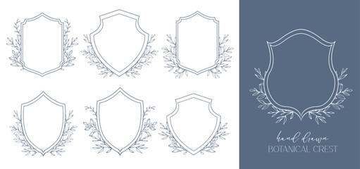 Wedding Crest floral Line Art Design. Botanical Crest Line Drawing. Greenery Line Art, Leaf and Branches Crest. Floral Frame line Art. Monogram Logo Crest