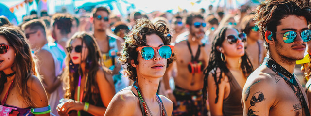 A group of people are at a festival, wearing sunglasses and standing in a crowd, scene is lively and energetic, as the people are enjoying themselves and dancing