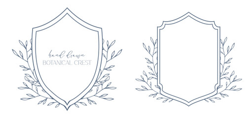 Wedding Crest floral Line Art Design. Botanical Crest Line Drawing. Greenery Line Art, Leaf and Branches Crest. Floral Frame line Art. Monogram Logo Crest