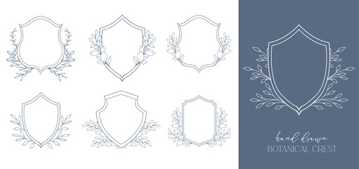 Wedding Crest floral Line Art Design. Botanical Crest Line Drawing. Greenery Line Art, Leaf and Branches Crest. Floral Frame line Art. Monogram Logo Crest