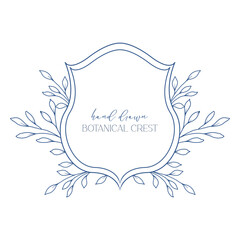 Wedding Crest floral Line Art Design. Botanical Crest Line Drawing. Greenery Line Art, Leaf and Branches Crest. Floral Frame line Art. Monogram Logo Crest