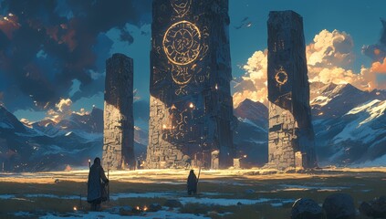 concept art of tall stone pillars with runes carved into them, there is an open field in front and two small figures holding torches standing next to the stone