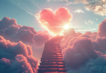Stairs leading to the sky or heaven, with heart-shaped clouds in front of them and rays shining through from behind. 