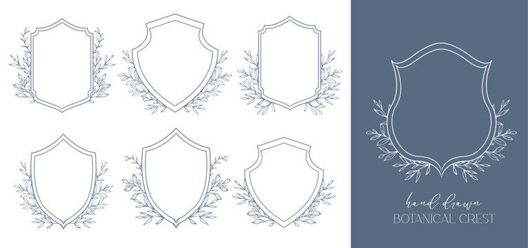 Wedding Crest floral Line Art Design. Botanical Crest Line Drawing. Greenery Line Art, Leaf and Branches Crest. Floral Frame line Art. Monogram Logo Crest