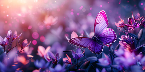 Butterfly on purple meadow bokeh background