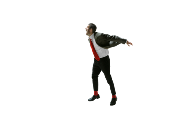 Emotional ma, employee standing in anger and shouting with negative expression isolated on transparent background. Concept of human emotions, employment, business, stress, mental health