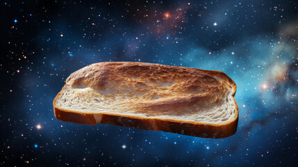A single slice of bread floating in space with stars and galaxies in the background.