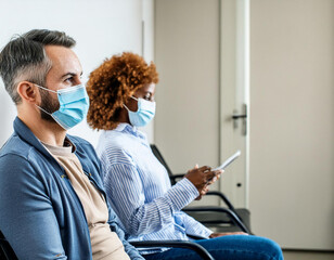 Patients man woman waiting appointment sitting in doctor room with face mask