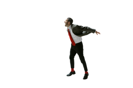 Emotional ma, employee standing in anger and shouting with negative expression isolated on transparent background. Concept of human emotions, employment, business, stress, mental health