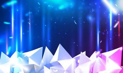 Abstract technology and science background with crystal polygonal and flying holographic confetti. Ice crystals. Modern technology conceptual. Premium style for poster, cover, print, artwork. Vector.