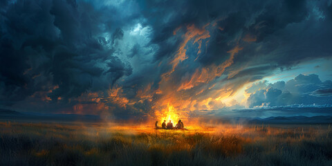 Obraz premium Apocalypse Now: Fiery Sky Over Lonely House, Dramatic Inferno: Survival in a Wild Landscape