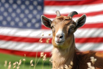 Independence Day goat celebration of freedom and democracy, comes together to honor the ideals that define the American spirit, stars and stripes flag background