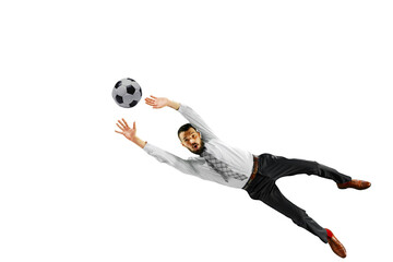 Focused businessman in formal wear in dynamic pose, jumping and catching ball isolated on...