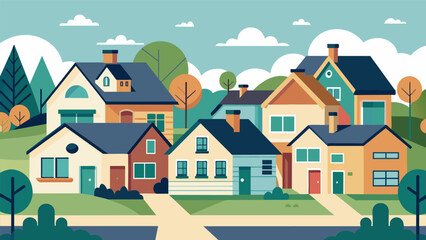Naklejka premium A neighborhood of singlefamily homes designed with lowmaintenance and clutterfree layouts for individuals with exeive functioning challenges.. Vector illustration