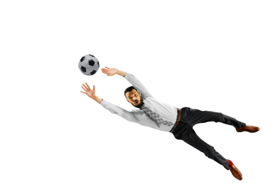 Focused businessman in formal wear in dynamic pose, jumping and catching ball isolated on transparent background. Concept of human emotions, sport, hobby, leisure activity, business