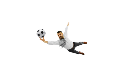Ambitious young businessman in formal wear in dynamic pose, jumping and catching ball isolated on transparent background. Concept of human emotions, sport, hobby, leisure activity, business