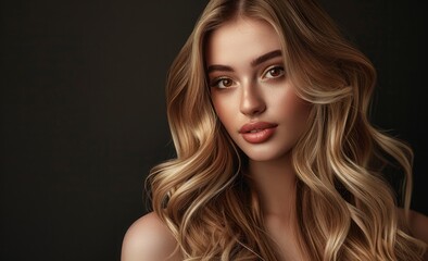 Naklejka premium Beautiful woman with long wavy hair, showcasing her luxurious and healthy locks in front of a beige background