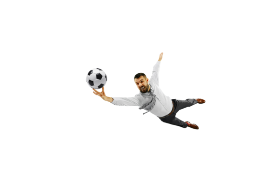 Ambitious young businessman in formal wear in dynamic pose, jumping and catching ball isolated on transparent background. Concept of human emotions, sport, hobby, leisure activity, business - Powered by Adobe