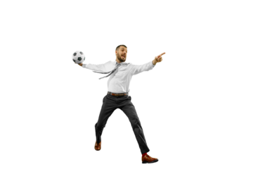 Emotional man in formal wear, businessman running with soccer ball isolated on transparent background. Concept of human emotions, sport, hobby, leisure activity, business