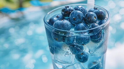 Sparkling drink with blueberries floating, set against a shimmering blue water background, ideal for vacation themes.