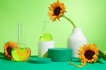 Front view shot photo with light green background, empty podium placed on table of the same color,...