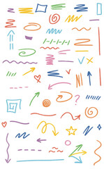 Do-it-yourself strokes with marker and pencil. Marker lines, pencil stripes, highlighting elements, illustrations of permanent markers in the form of checkmarks, 
