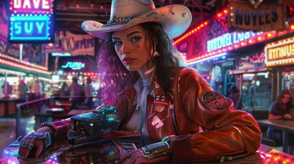 Futuristic anime style illustration of a cyberpunk cowgirl with neon cityscape background, blending Western and sci-fi themes.