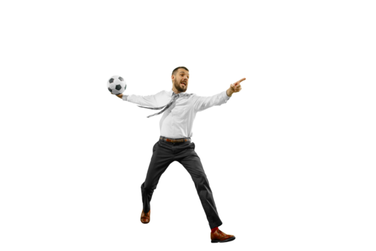 Emotional man in formal wear, businessman running with soccer ball isolated on transparent background. Concept of human emotions, sport, hobby, leisure activity, business