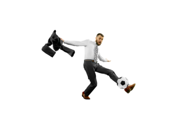After work leisure. Businessman in formal wear playing with football ball isolated on transparent background. Relaxation. Concept of human emotions, sport, hobby, leisure activity, business