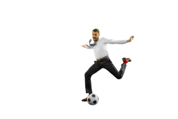 After work leisure. Businessman in formal wear playing with football ball isolated on transparent background. Relaxation. Concept of human emotions, sport, hobby, leisure activity, business