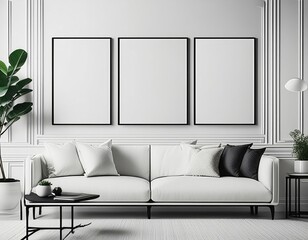Living room with white couch, frames on wall
