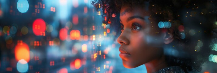 An image combining a beautiful American woman with computer code and the urban glow of city lights. - Powered by Adobe