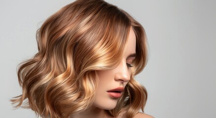 Beautiful woman with wavy hair, long bob hairstyle in light brown color on white background, high resolution photography, high quality details, hair salon ad banner
