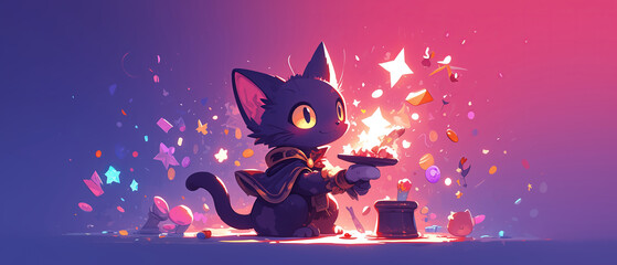 A black kitten magician pulling endless treats out of a top hat