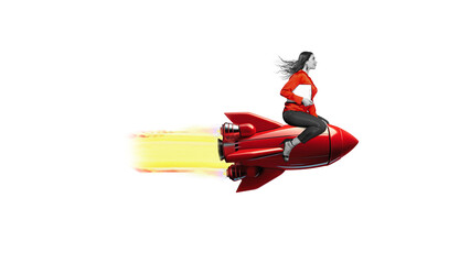 Launch of a red rocket with a smiling business woman, isolated on free png background. Successful...