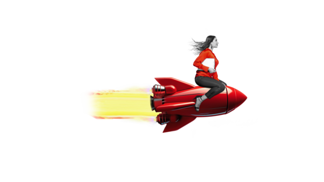 Launch of a red rocket with a smiling business woman, isolated on free png background. Successful start up concept. Leadership, leading to success or business vision concept.