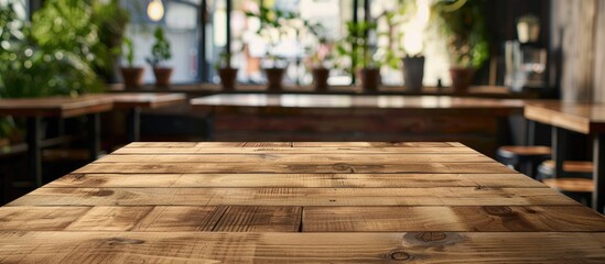 Empty wooden table in a cafe and bistro setting with a blurred background, suitable for product placement.