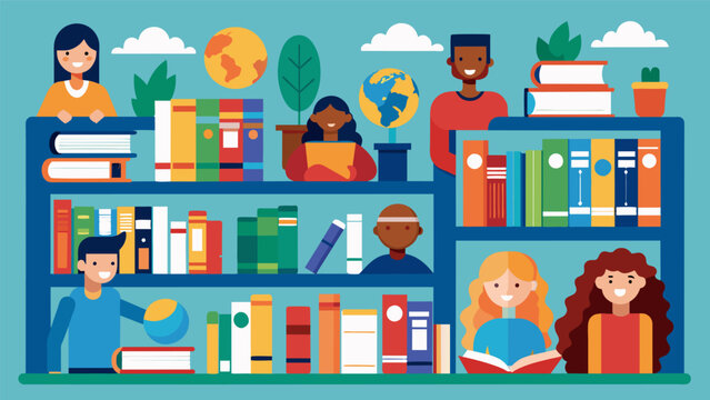 An inclusive library of diverse books representing various cultures and perspectives catering to diverse learners.. Vector illustration