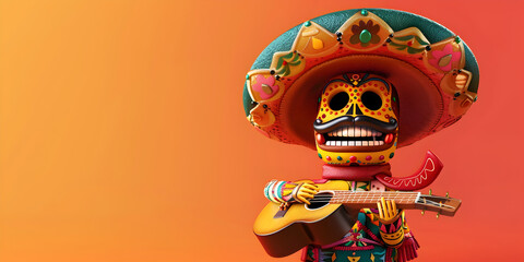 Adorable skeleton dressed as a mariachi playing guitar for the day of the dead
