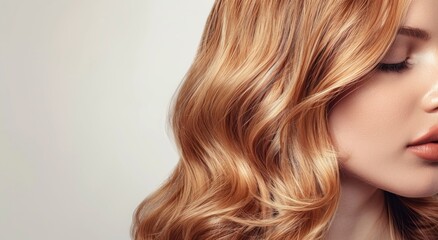Naklejka premium Beautiful woman with wavy hair, long bob hairstyle in light brown color on white background, high resolution photography, high quality details, hair salon ad banner