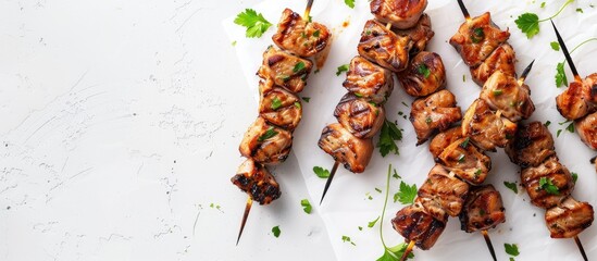 Grilled pork skewers on a blank white surface with space for text, seen from above.