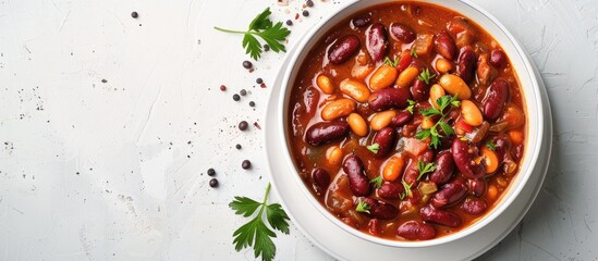 Chili beans on a white tabletop from a top view, with space for duplication. This is a homemade plant-based stew made with kidney beans and vegetables.