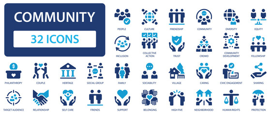 Community icon collection. Social life, which includes family, friendship, communication, etc. Solid icon set.